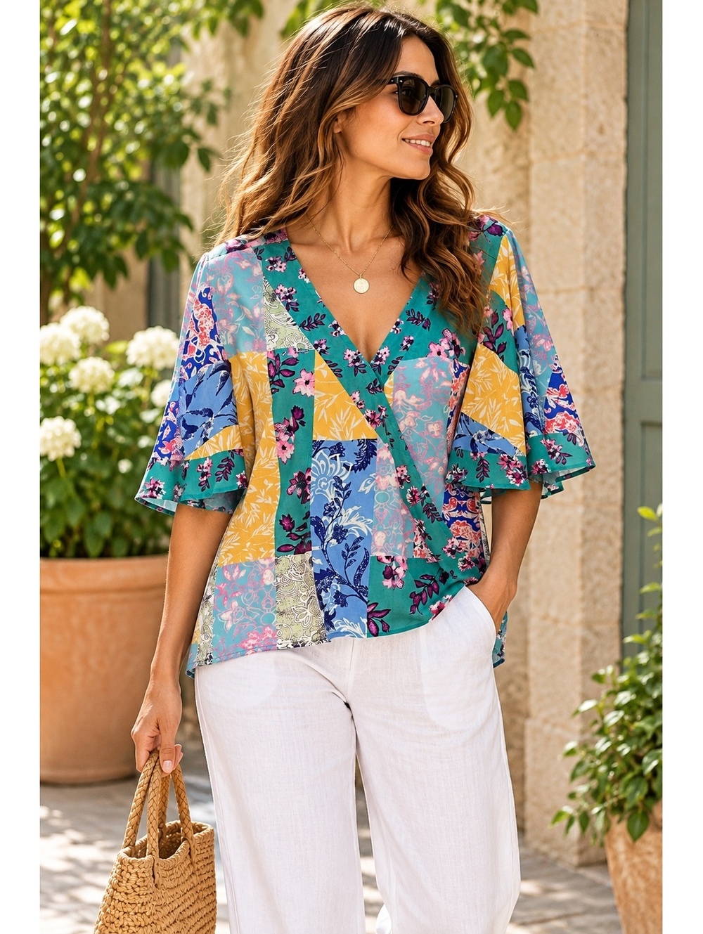 Umgee USA Women's Patchwork Floral V-Neck Blouse Size S